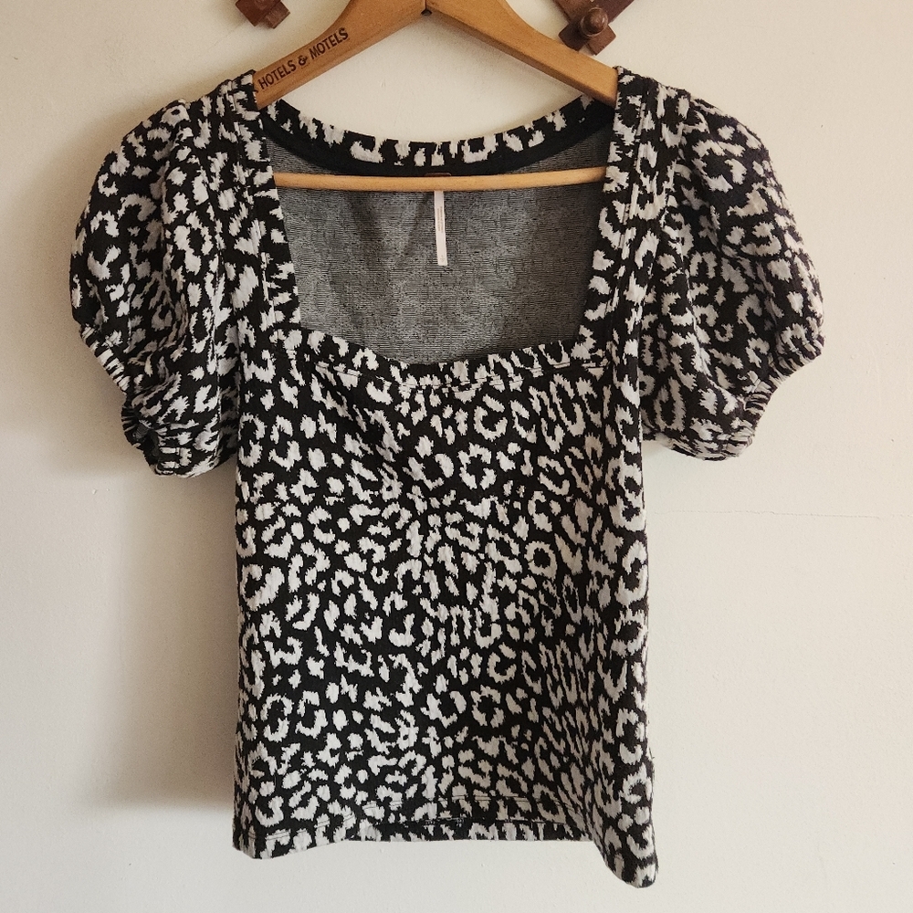 Free People Black White Animal Print Puff Sleeve Top Square Neck Small